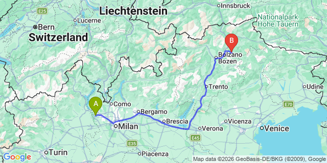 Map: Milan Malpensa Airport (MXP) to St. Ulrich (Ortisei)