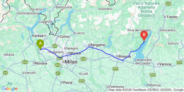 Map: Milan Malpensa Airport (MXP) to Tignale Lake Garda