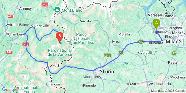 Map: Milan Malpensa Airport (MXP) to Tignes