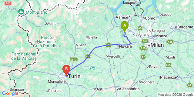 Map: Milan Malpensa Airport (MXP) to Torino