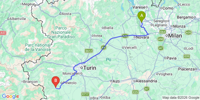 Map: Milan Malpensa Airport (MXP) to Torre Pellice
