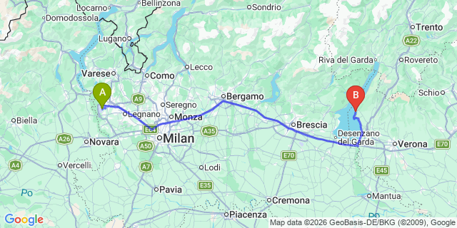 Map: Milan Malpensa Airport (MXP) to Torri del Benaco Lake Garda