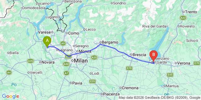 Map: Milan Malpensa Airport (MXP) to Toscolano Maderno