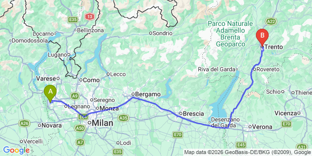Map: Milan Malpensa Airport (MXP) to Trento Trentino