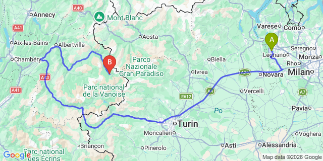 Map: Milan Malpensa Airport (MXP) to Val d’Isère