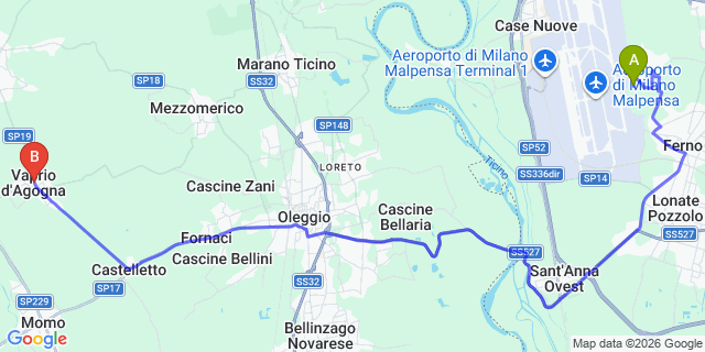 Map: Milan Malpensa Airport (MXP) to Vaprio d’Agogna