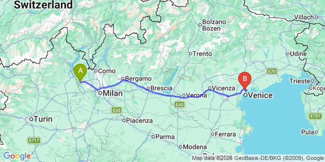Map: Milan Malpensa Airport (MXP) to Venice Cruise Port