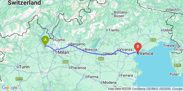 Map: Milan Malpensa Airport (MXP) to Venice