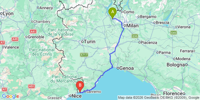 Map: Milan Malpensa Airport (MXP) to Ventimiglia