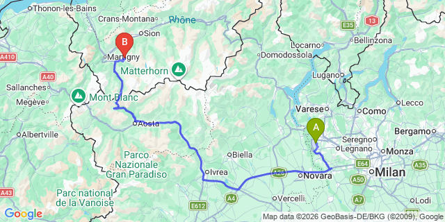 Map: Milan Malpensa Airport (MXP) to Verbier