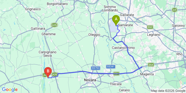 Map: Milan Malpensa Airport (MXP) to Vercelli