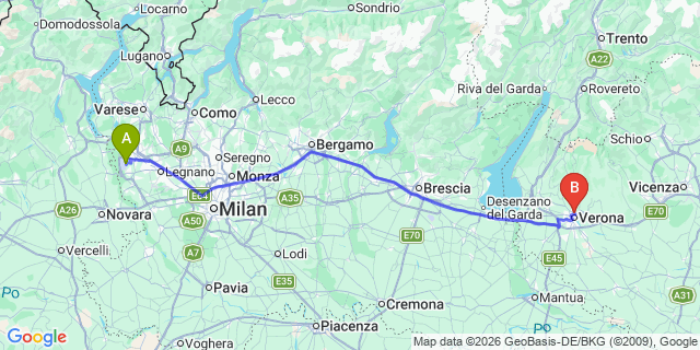 Map: Milan Malpensa Airport (MXP) to Verona