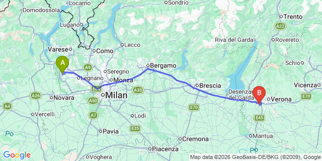 Map: Milan Malpensa Airport (MXP) to Verona Villafranca airport