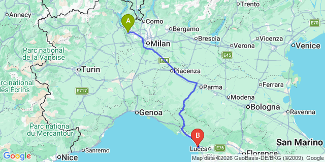 Map: Milan Malpensa Airport (MXP) to Viareggio