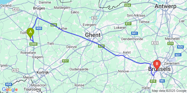 Map: Brussels Midi Train Station to Lichtervelde