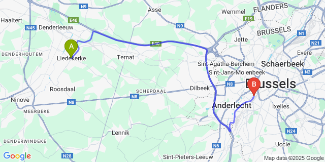 Map: Brussels Midi Train Station to Liedekerke