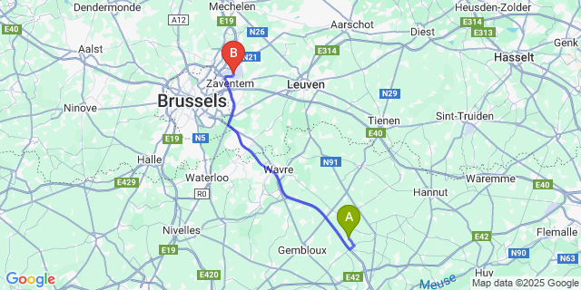Map: Brussels Zaventem Airport (BRU) to Liernu