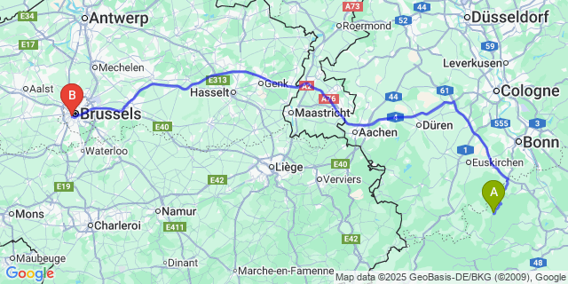 Map: Brussels Midi Train Station to Liers