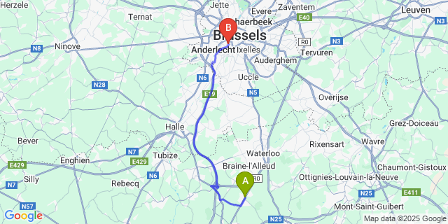 Map: Brussels Midi Train Station to Lillois-Witterzee