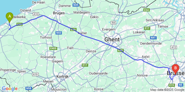 Map: Brussels Midi Train Station to Lombardsijde