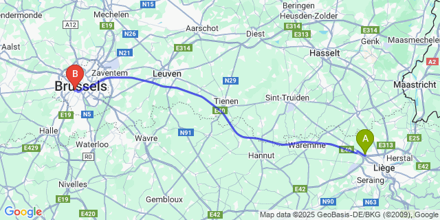 Map: Brussels Midi Train Station to Loncin