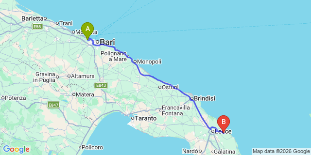 Map: Bari Airport (BRI) to Acaya