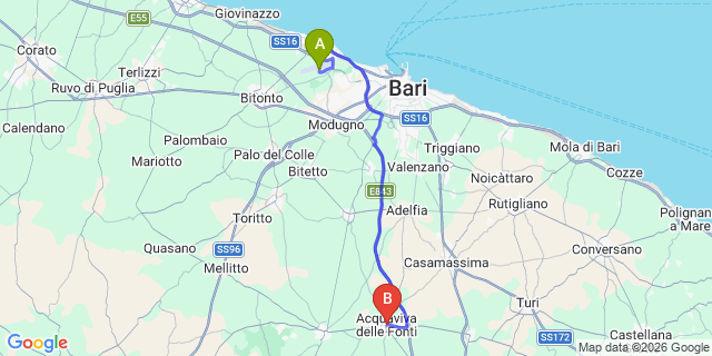 Map: Bari Airport (BRI) to Acquaviva delle Fonti