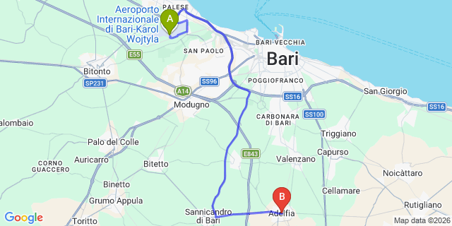 Map: Bari Airport (BRI) to Adelfia