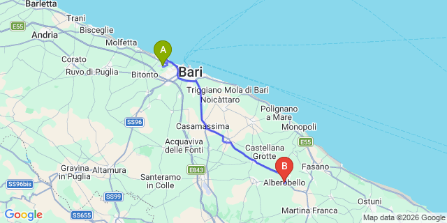 Map: Bari Airport (BRI) to Alberobello