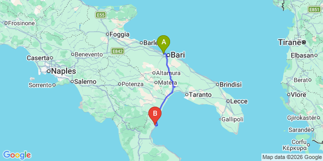 Map: Bari Airport (BRI) to Amendolara