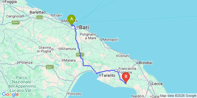 Map: Bari Airport (BRI) to Avetrana