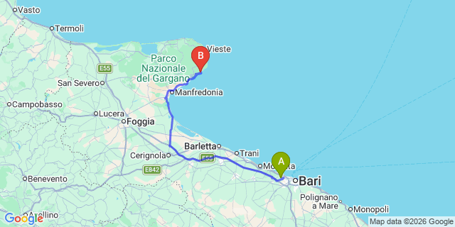 Map: Bari Airport (BRI) to Baia delle Zagare