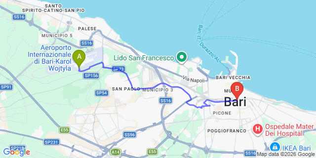 Map: Bari Airport (BRI) to Bari city (all areas)