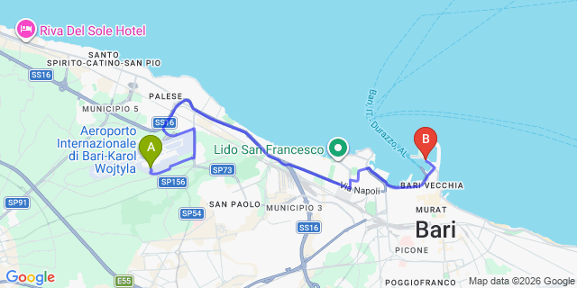 Map: Bari Airport (BRI) to Bari Cruise Port