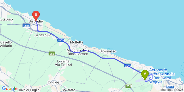 Map: Bari Airport (BRI) to Bisceglie
