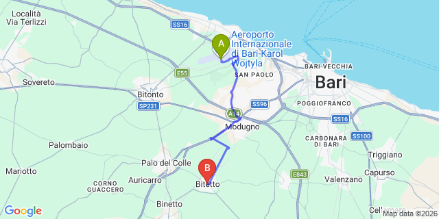 Map: Bari Airport (BRI) to Bitetto