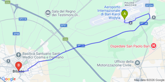 Map: Bari Airport (BRI) to Bitonto