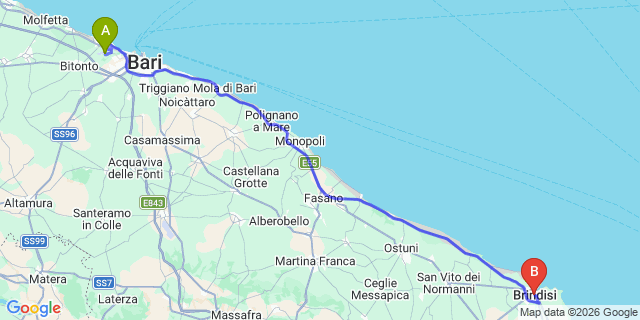 Map: Bari Airport (BRI) to Brindisi