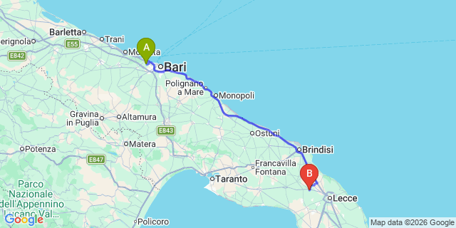 Map: Bari Airport (BRI) to Campi Salentina
