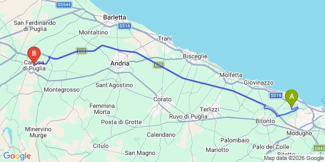 Map: Bari Airport (BRI) to Canosa di Puglia