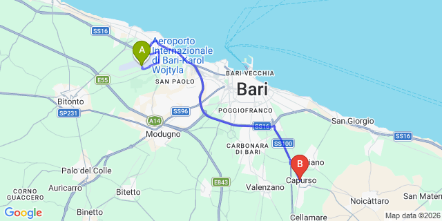 Map: Bari Airport (BRI) to Capurso
