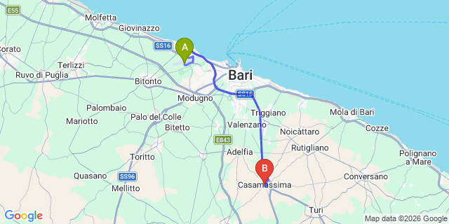 Map: Bari Airport (BRI) to Casamassima