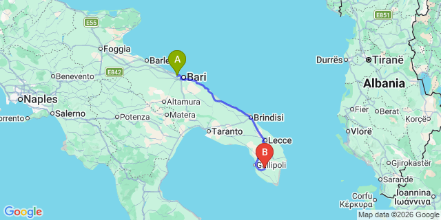 Map: Bari Airport (BRI) to Casarano