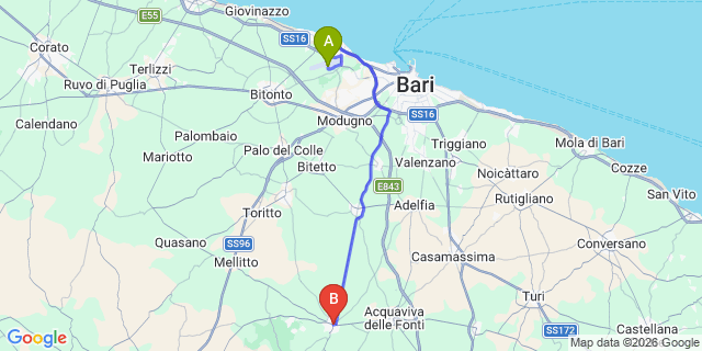 Map: Bari Airport (BRI) to Cassano delle Murge