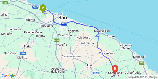 Map: Bari Airport (BRI) to Castellana Grotte