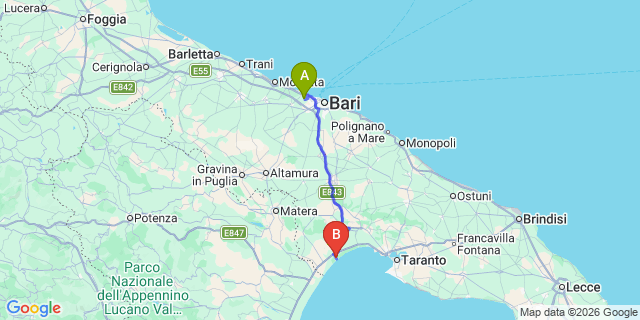Map: Bari Airport (BRI) to Castellaneta Marina