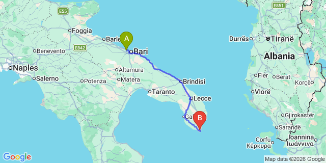 Map: Bari Airport (BRI) to Castrignano del Capo