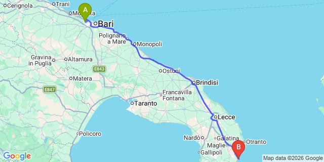 Map: Bari Airport (BRI) to Castro