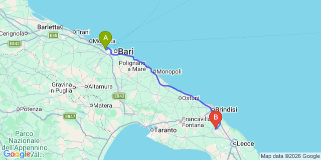 Map: Bari Airport (BRI) to Cellino San Marco