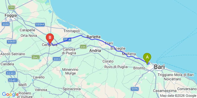 Map: Bari Airport (BRI) to Cerignola